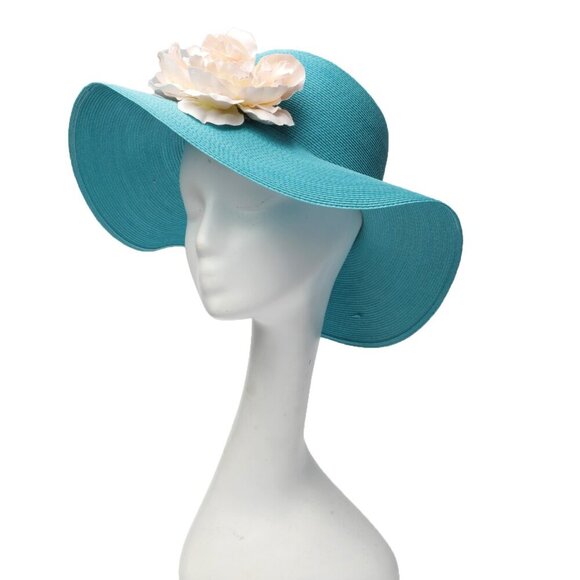 Vintage Large Straw Sun Hat Union Made USA Flower Light Blue Vacation Beach - Picture 1 of 8